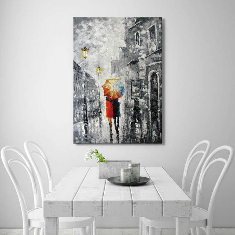 Canvas Art "Lovers under the one umbrella" Palette Knife Painting Black White Red Blue - Click Image to Close